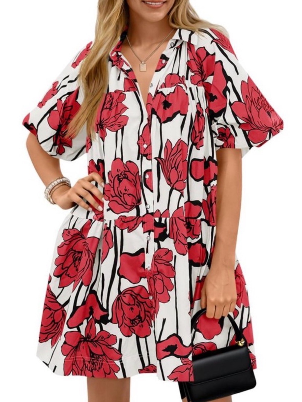 Floral Button-Front Mini Dress in White and Red